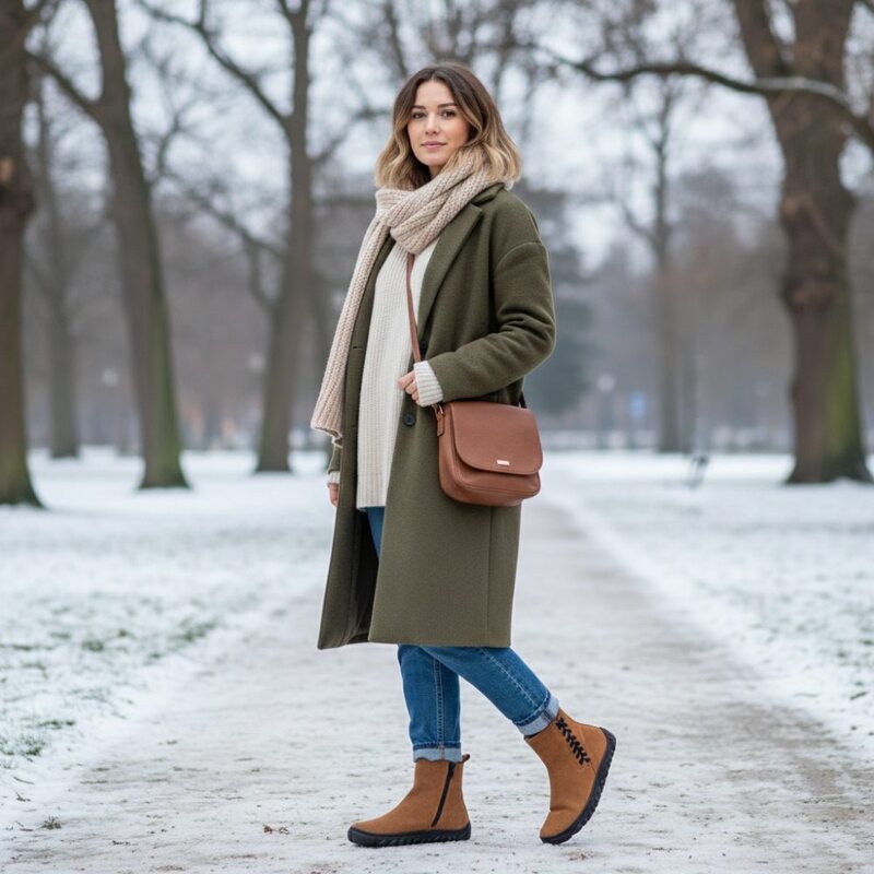 braune warm gefütterte Damen Stiefel mit kurzem Schaft als Barfußschuhe