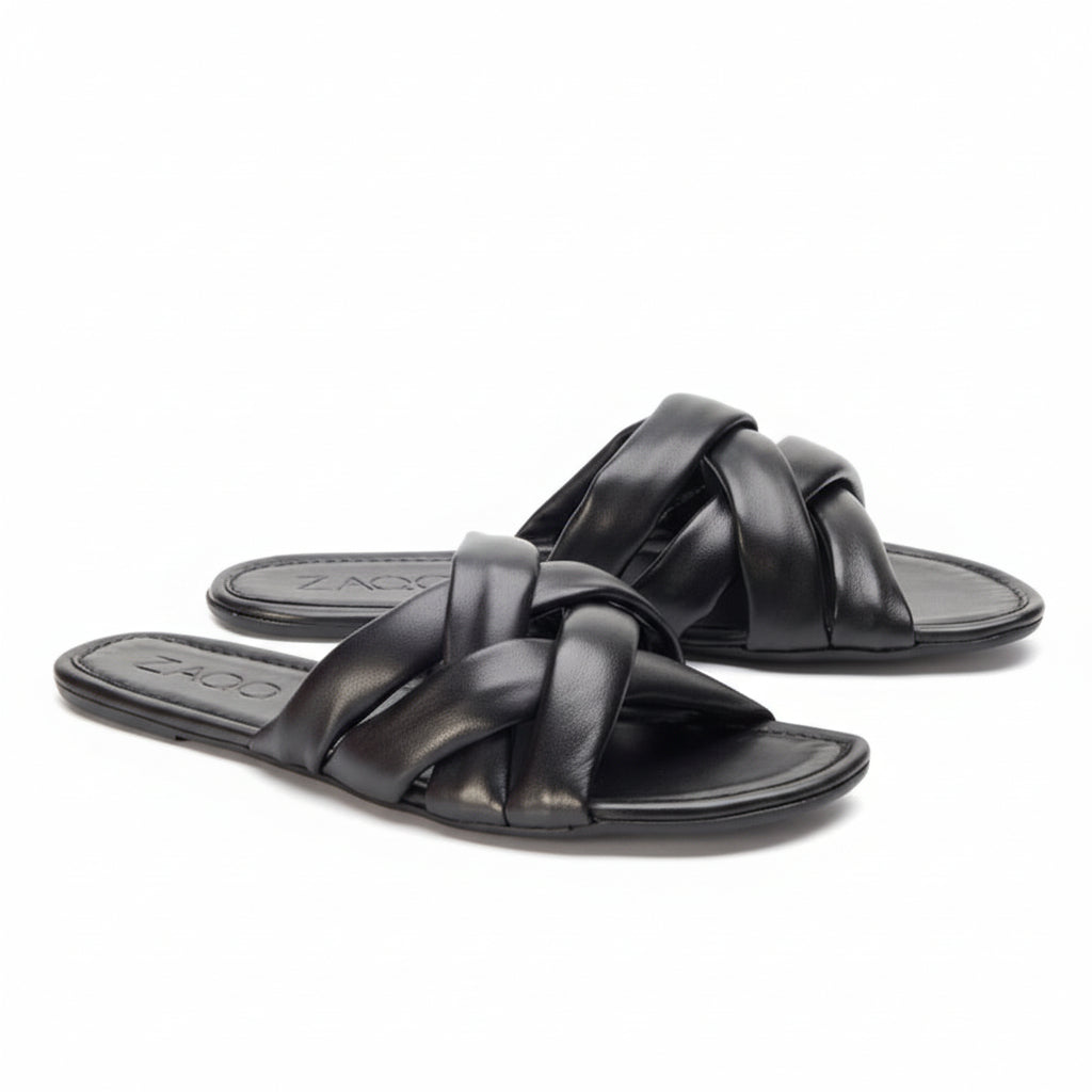 schwarze Barfußsandalen zum Reinschlüpfen mit schöner Flechtoptik