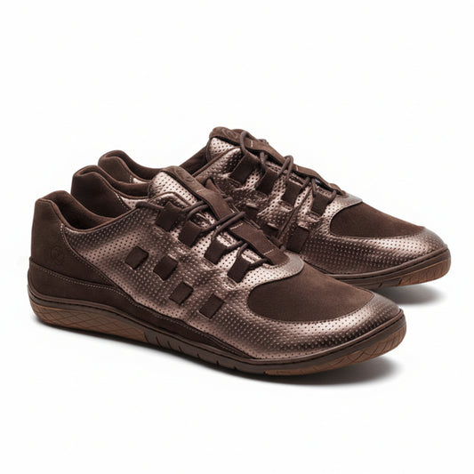 braune Sneaker Barfußschuh sportlich mit bronzefarbenen Details